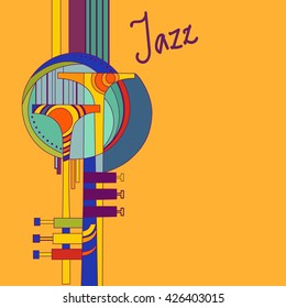 Vector illustration Jazz. Trumpet, saxophone, abstract illustration for the album cover, posters, corporate identity. Great picture for a musical group. Inscription by hand.