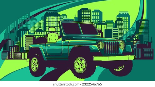 vector illustration of jeep on colorful background