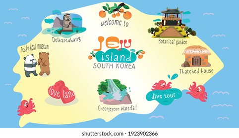 Vector illustration of Jeju Island. Jeju-do map with Jeju attractions: botanical garden, bear museum, waterfall, houses, diving