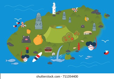 Vector illustration of Jeju Island. Jeju-do map with Jeju attractions: Hallasan, Dol Hareubang or Harubang, known as Stone grandfather, Haenyeo or Jeju female diver, beach parasols and hallabong fruit