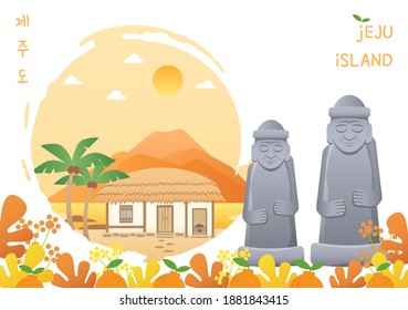 Vector illustration of Jeju Island landmarks. Dol hareubang, Jeju iconic stone statue