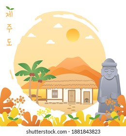 Vector illustration of Jeju Island landmarks. Dol hareubang, Jeju iconic stone statue