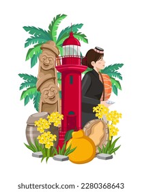 Vector illustration of Jeju Island landmarks. Vector of Jeju Island landmarks illustration. Dol Hareubang (stone grandfather), hallabong, haenyeo (female diver), abalone, kimchi jar, and lighthouse.