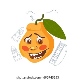 Vector illustration for Jeju island promotion: Hallabong orange mascot and line art styled symbols of Jeju-do: Harubang ( Dol Haruebang or stone grandfather ) and traditional Jeju island house. 