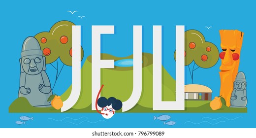 Vector illustration for Jeju island promotion: Hallasan mountain, Dol Hareubang or Harubang, known as Jeju-do Stone grandfather, persimmon tree, totem pole Jangseung etc. Text: Jeju.