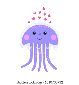 Vector illustration. Jelly fish is in love. Cartoon flat art illustration can be used for postcard, print, pattern design. Baby, kids, Valentine, love theme. Isolated on white background. EPS10