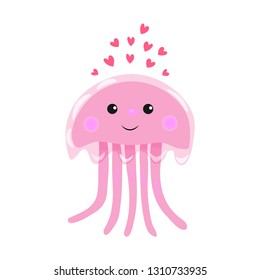 Vector illustration. Jelly fish is in love. Cartoon flat art illustration can be used for postcard, print, pattern design. Baby, kids, Valentine, love theme. Isolated on white background. EPS10