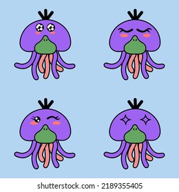 Vector illustration of jellyfish cartoon character with a variety of unique expressions, perfect for stickers, icons, logos and advertisements