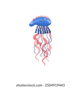 Vector illustration of a jellyfish in cartoon style with elegant red and blue tentacles on a white background. Ideal for a design with unusual marine life