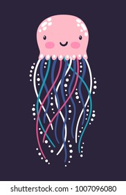 Vector illustration of jellyfish. Cute cartoon character is isolated on dark blue.