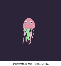 Vector illustration of jellyfish. Cute cartoon character is isolated on dark blue.