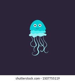 Vector illustration of jellyfish. Cute cartoon character is isolated on dark blue.