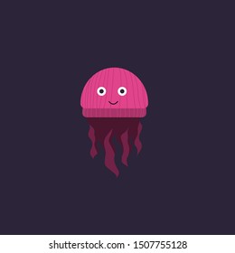 Vector illustration of jellyfish. Cute cartoon character is isolated on dark blue.