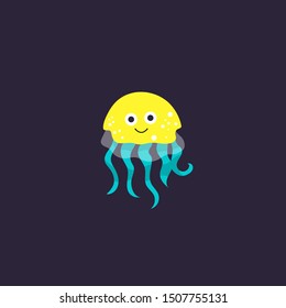 Vector illustration of jellyfish. Cute cartoon character is isolated on dark blue.