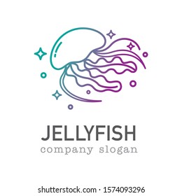 Vector illustration of jellyfish floats on the water surface in deep sea. Medusa with long tentacles logo. Cartoon lines art. Doodle print for child, textile, shirt, clothes, tattoo, banner, website, 