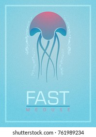 Vector illustration of jellyfish floats on the water surface in deep sea. Poster template of Meduse in retro style.