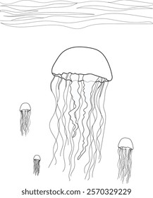 Vector illustration of Jellyfish in the sea. with a seascape as the background. Creativity coloring book for children.