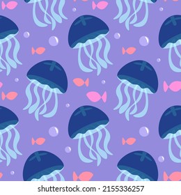 Vector illustration jellyfish, shell, coral, algae wildlife background. Underwater wallpaper. Decorative textile seamless pattern.