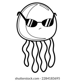 vector illustration of a jellyfish in sunglasses black and white. jellyfish coloring cartoon