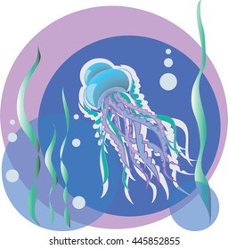 Vector illustration. Jellyfish. The undersea landscape, jellyfish and algae.