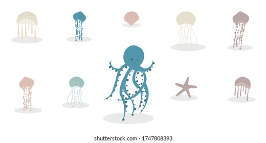 Vector illustration of jellyfishes and octopus. Cute cartoon character is isolated on the white background. Vector set