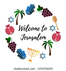 Vector illustration for Jerusalem Israel, symbols of Israel. Israel symbols set of design elements. Hamsa, Menorah, Pomegranate, Grape, Honey spoon, Palm tree vector icons. Welcome to Jerusalem