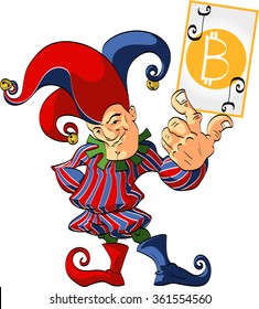 Vector illustration of a Jester holding a wining bitcoin joker card.