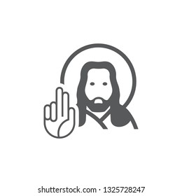The vector illustration Jesus blesses with a hand. Set of two vector icons. Blessing from the son Bozhego Jesus. Flat design Monochrome