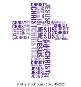 Vector illustration of Jesus Christ cross shaped word cloud with white background