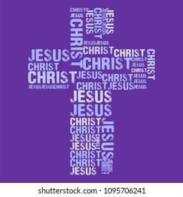 Vector illustration of Jesus Christ cross shaped purple word cloud sign