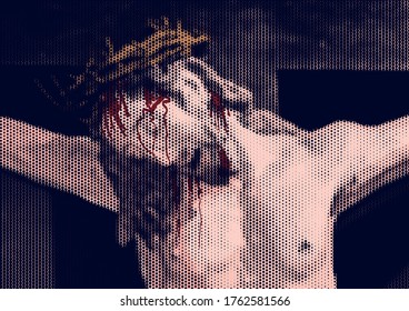 Vector illustration of Jesus Christ crucified on the cross, Christian religion.