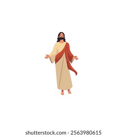 Vector illustration of Jesus Christ during Ascension, depicted with open arms in a welcoming pose. Clad in a beige robe and red sash, standing barefoot on a white background