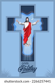 Vector illustration of Jesus Christ going up inside the cross shape 