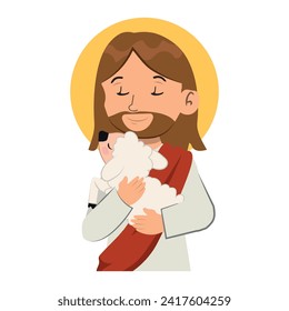 Ilustración vectorial de Jesucristo y la parábola de la oveja perdida. Dibujo tipo caricatura de Jesucristo.