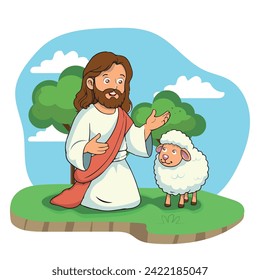 Vector illustration of Jesus Christ and the Parable of the Lost Sheep. Cartoon-style drawing of Jesus Christ.