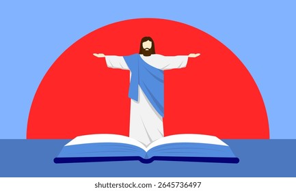 Ilustração vetorial de Jesus Cristo de pé com os braços abertos acima de uma Bíblia, com um fundo de sol vermelho. Arte religiosa, espiritual e simbólica em estilo minimamente plano