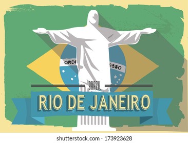 ilustración vectorial jesus estatua de rio de janeiro en afiche de estilo retro o postal.