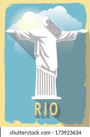 vector illustration jesus statue of rio de janeiro on retro style poster or postcard.