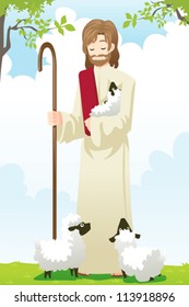 A vector illustration of Jesus with two sheep