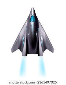 Vector illustration of jet air plane with flame trace on white background. 3d style design of flying black air plane with blue light for web, site, banner, poster