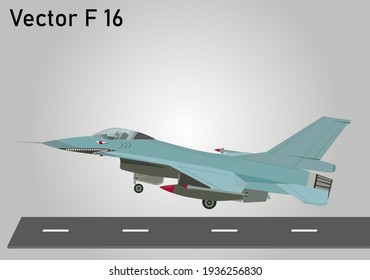 Vektorgrafik oder Illustration Jet F 16 Fighting Falken mit Haiaufkleber. Kriegsflugzeug-Start