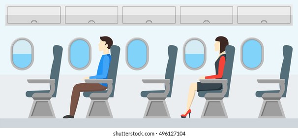 Vector illustration of Jet Passenger on the Seat Flight. Aircraft Seats Line in Cabin.