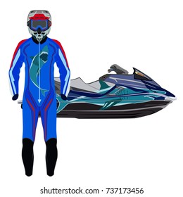 Vector illustration of jet ski, jet skier suit and protective gear isolated on white background.