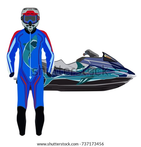 Vector illustration of jet ski, jet skier suit and protective gear isolated on white background.