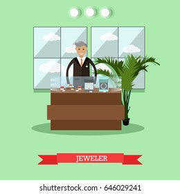 Vector illustration of jeweler standing at jewelry showcase. Goldsmith at jewelry workshop or store concept flat style design element.