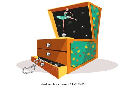 Vector Illustration With A Jewelry Box Decorated With A Ballerina Dancing 