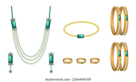 vector illustration of jewelry object set, necklace, bangles, rings, bracelet and earrings vector object set.