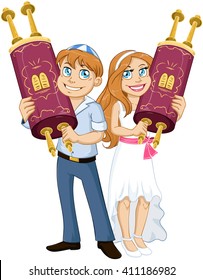 Vector Illustration Of Jewish Boy And Girl Holding The Torah For Bar And Bat Mitzvah.