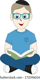 Vector illustration of a Jewish boy with glasses, sitting cross legged and reading a book. The glasses, yarmulke and several other objects are on separate layers for easy removal.