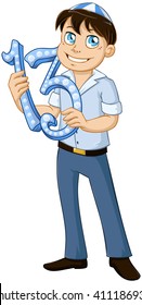 Vector illustration of a Jewish boy holds the number 13 for Bar Mitzvah.